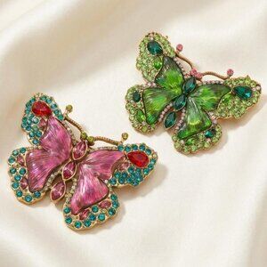 Butterfly Brooch Pair Enamel and Crystal Statement Pins 3" Modern Gold Tone